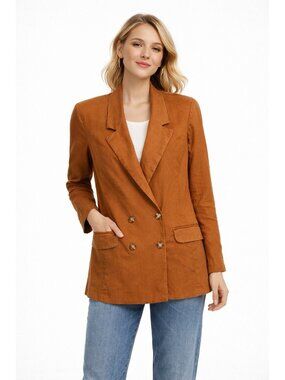 Evereve Alexa Double Breasted Linen Blend Oversized Blazer caramel cafe LARGE